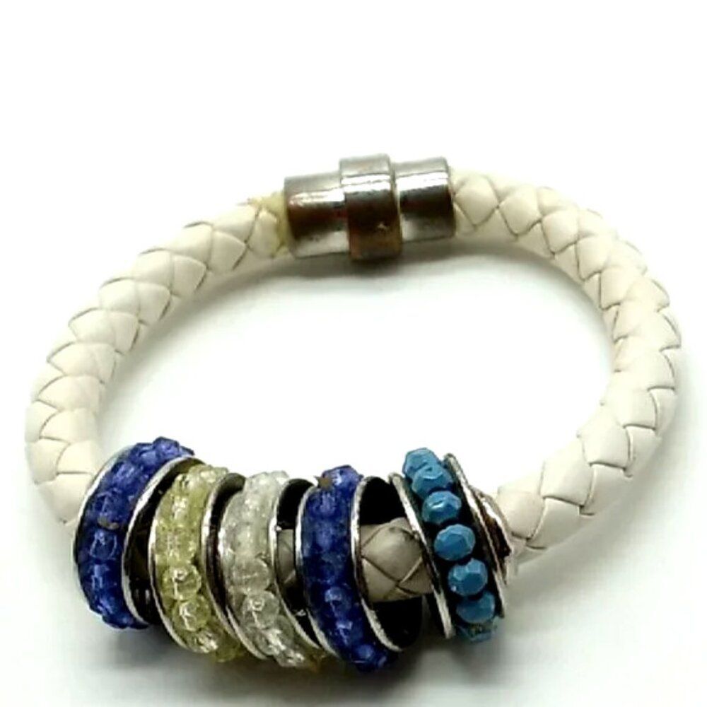 Bracelet White Braided Leather Beaded Rings Magnetic Clasp 8.5"